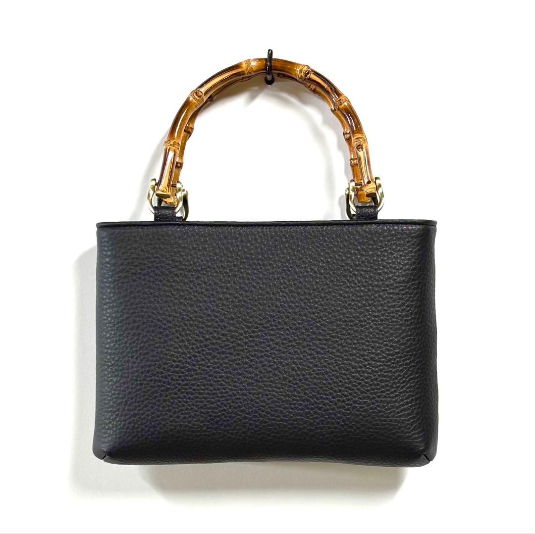 牛革シュリンク バンブー手提げ 横型 小 黒 ◇竹手バッグ神輿祭り合切