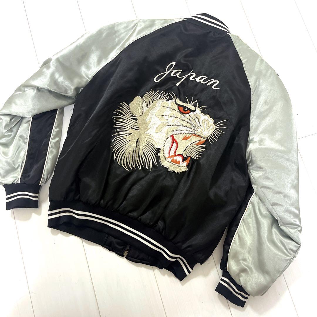 ヴィンテージ　90s 横須賀　虎　刺繍 スカジャン　白虎顔　タイガーヘッド 虎の顔のみを細部まで描写した通称「タイガーヘッド」と呼ばれる刺繍が