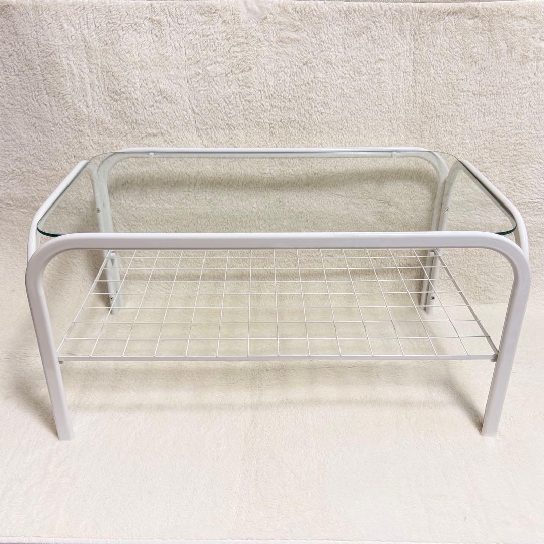 美品 アイアンフレーム 白 ローテーブル ガラス天板 昭和レトロ モダン 80s 90s モダン ガラステーブル ミッドセンチュリー アイアン 白