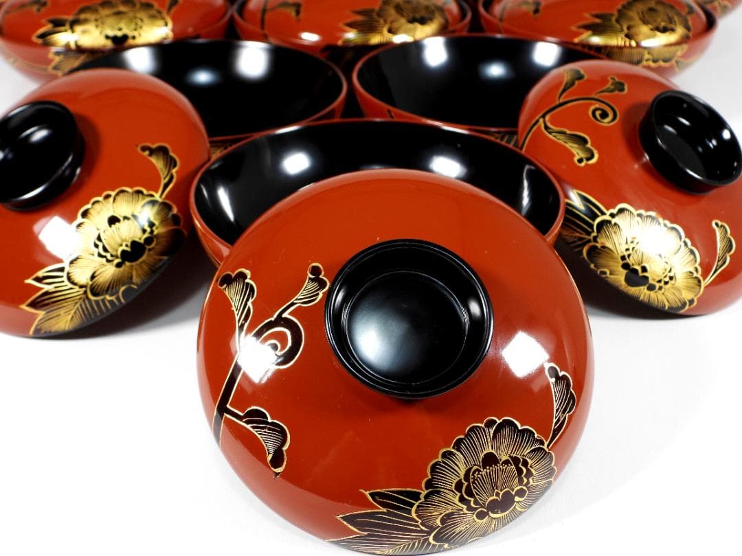 輪島塗 懐石椀汁椀 蒔絵椀 上質朱漆 牡丹沈金 蓋碗十客 共箱 - メルカリ