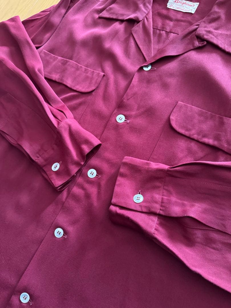 40s 50s レーヨン ギャバ シャツ オープンカラー ボルドー M - メルカリ
