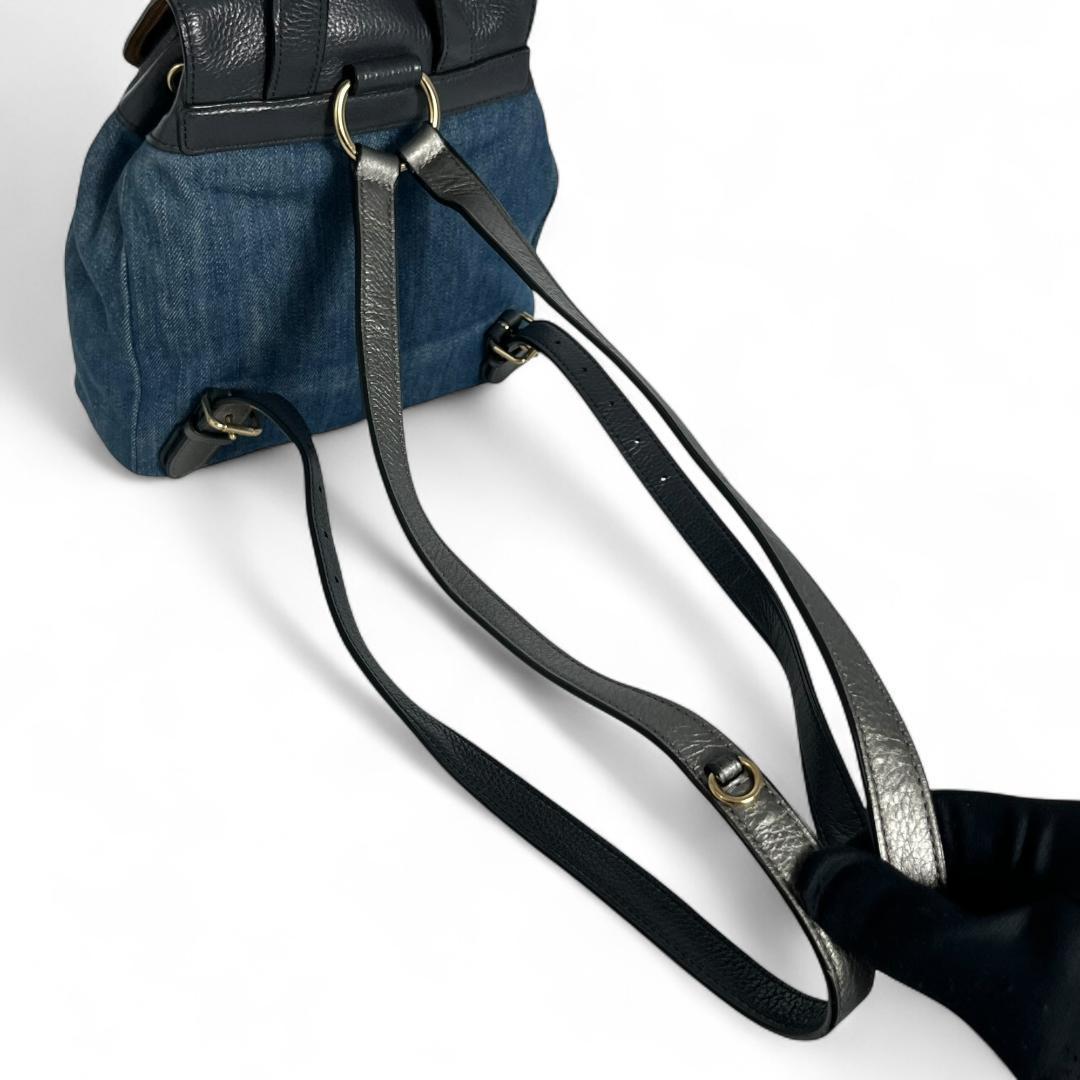 美品 COACH バックパック デニム レザー ネイビー ターンロック 花柄