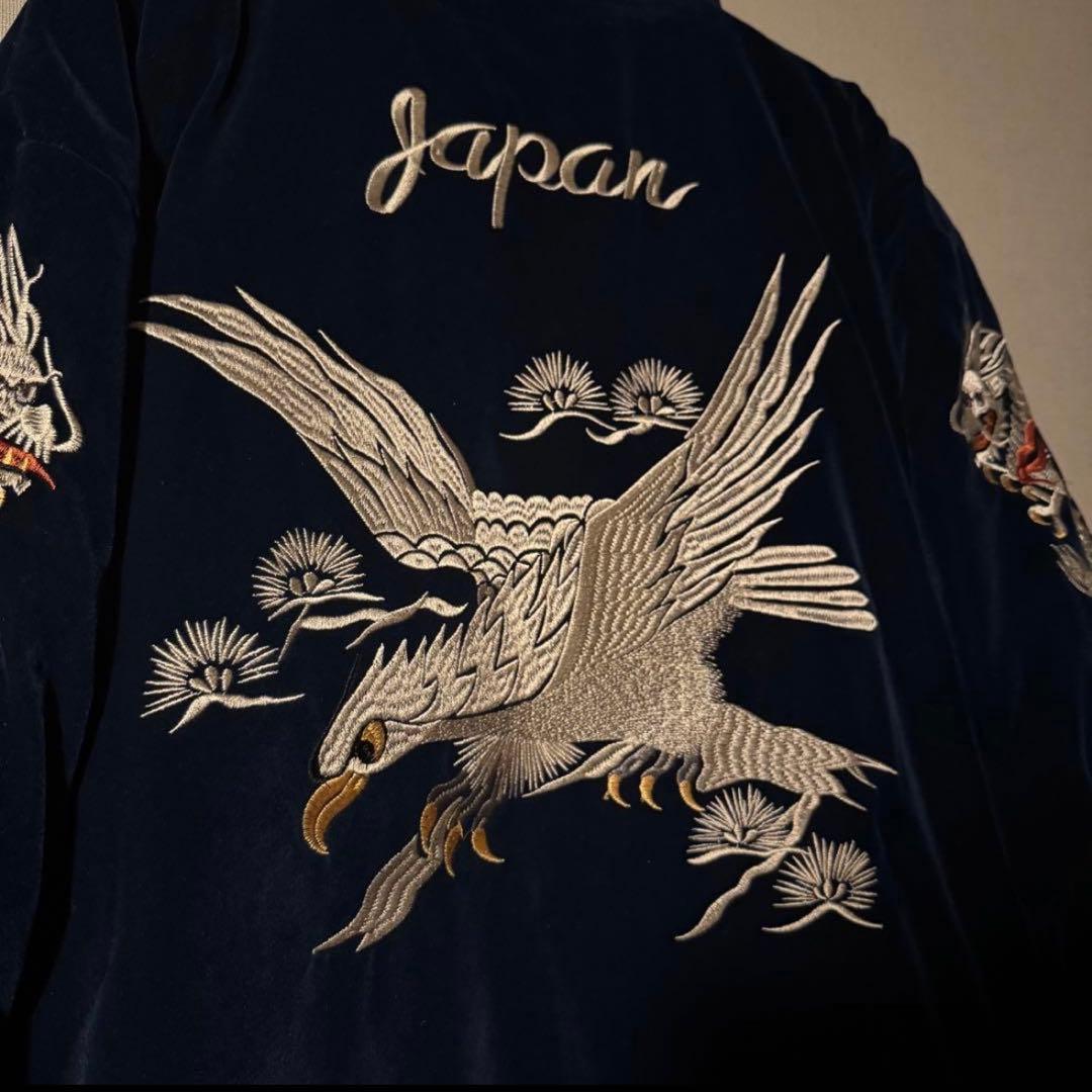 スカブルゾン】刺繍ドラゴンと鷲のベルベットジャンパー ネイビーLL