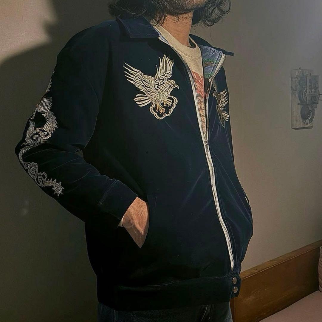 スカブルゾン】刺繍ドラゴンと鷲のベルベットジャンパー ネイビーLL