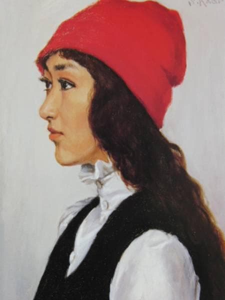 梶 進 「ピンクの帽子」、限定画集より、藤島 武二、新品額装付