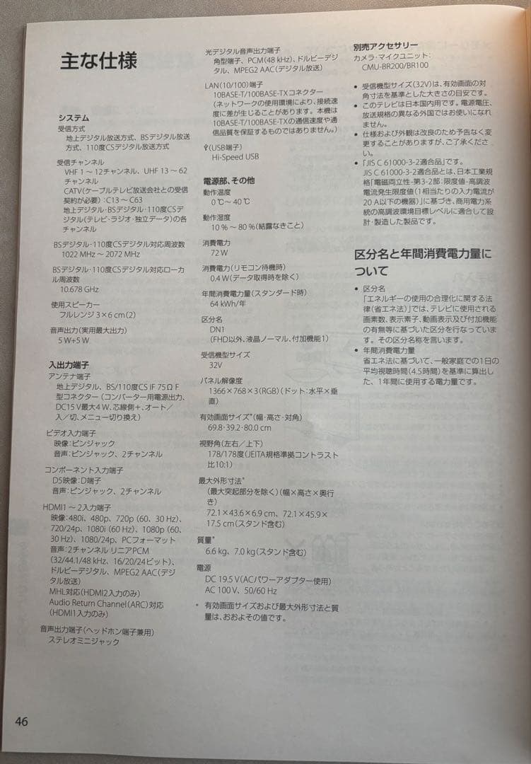 【美品/送料込】SONY BRAVIA 32V型TV KDL-32W500A