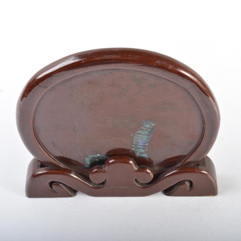 中国 象嵌螺鈿装飾 山水人物文 硯屏 V 4496