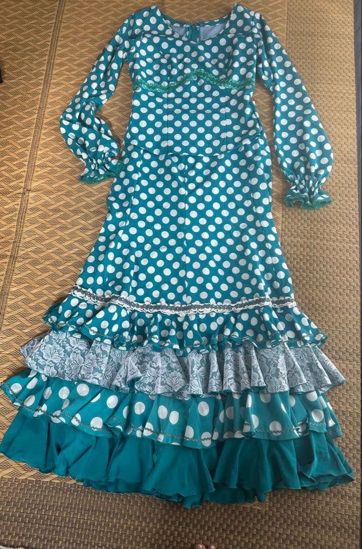 フラメンコドレス ツーピースターコイズブルー 水玉アトリエナオミ