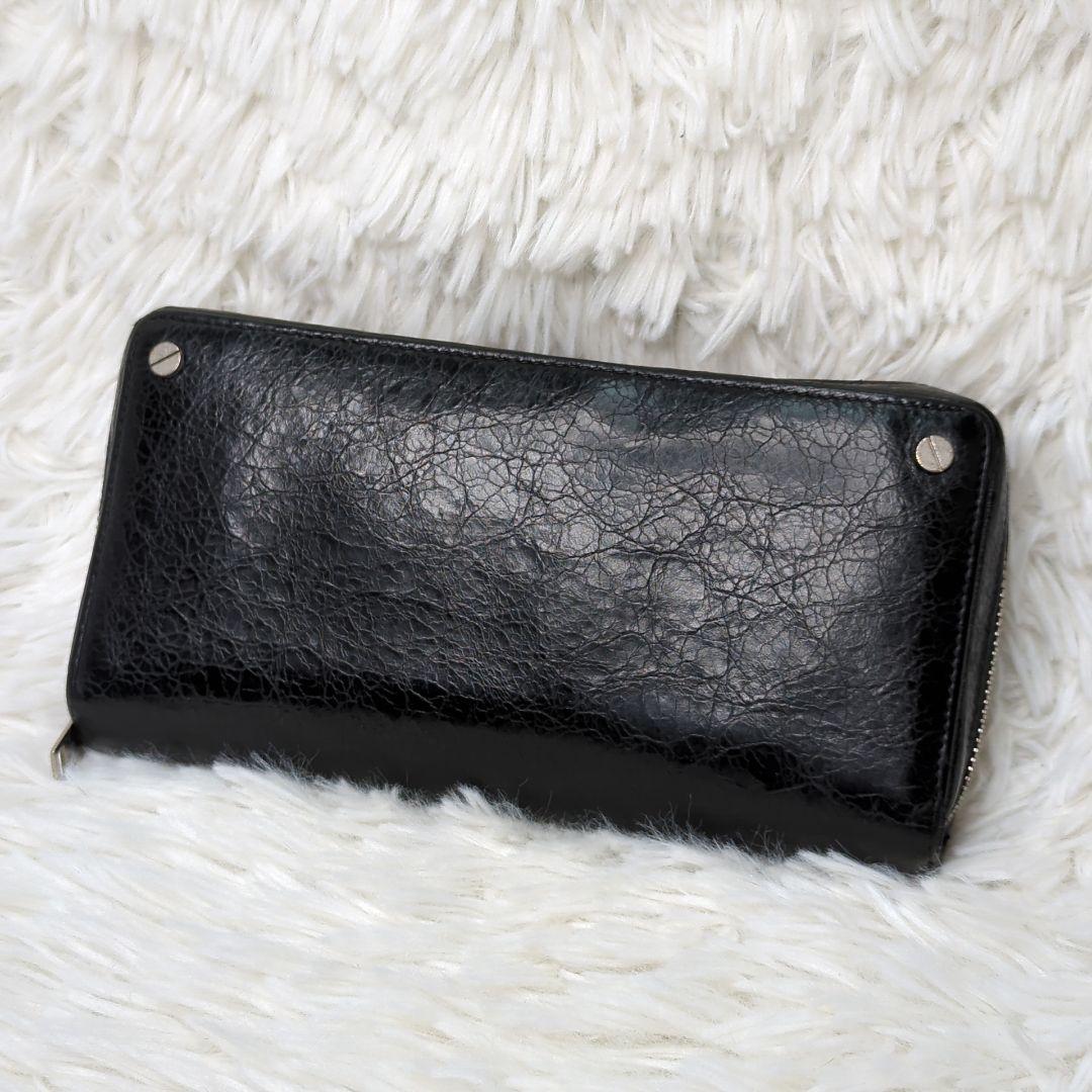 バレンシアガ長財布ラウンドファスナーシワ加工レザーブラック