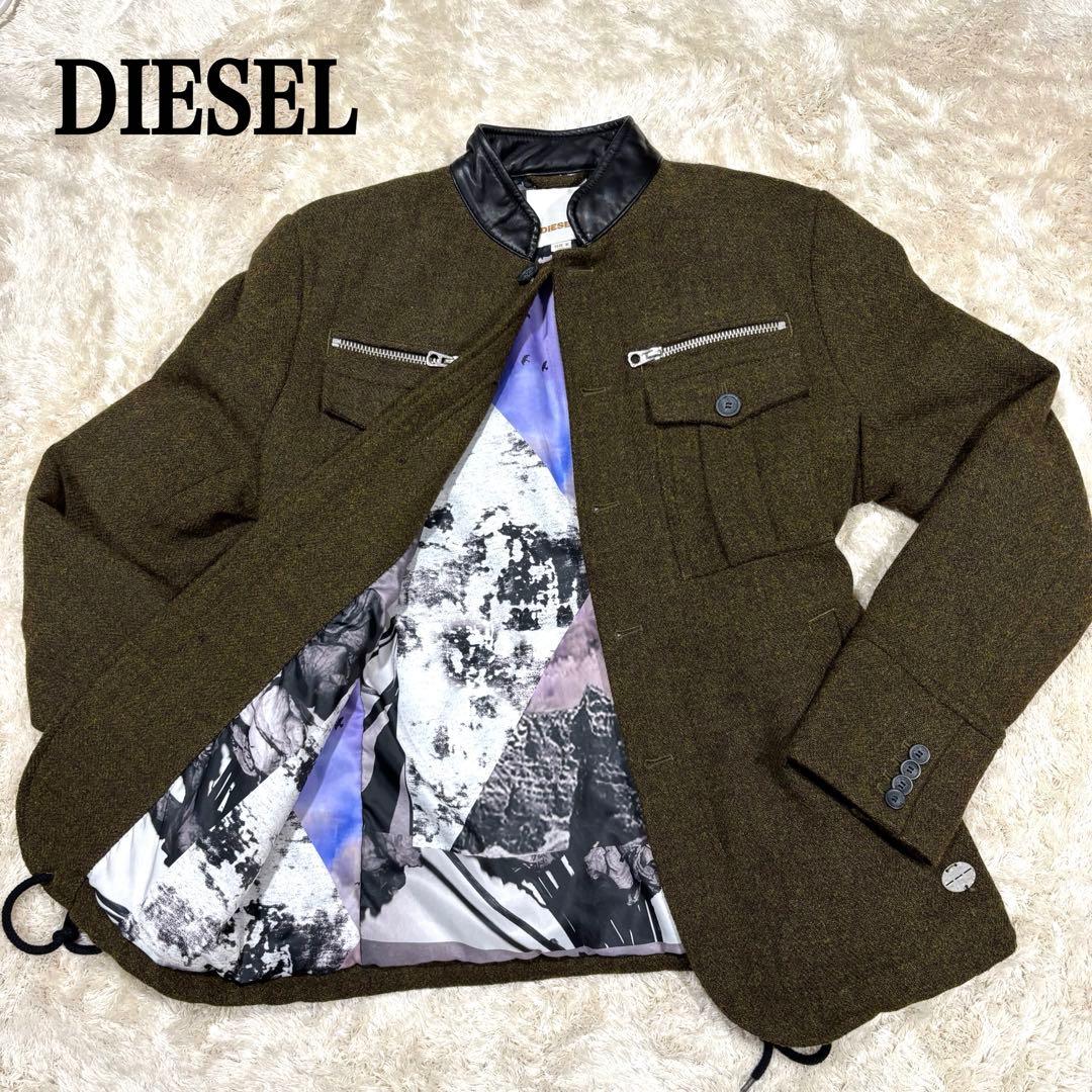 【美品】DIESEL ディーゼル 裏地アート総柄 ウールジャケット 襟レザー　M DIESEL（ディーゼル） レザージャケット レディース 牛革 本革 シープ