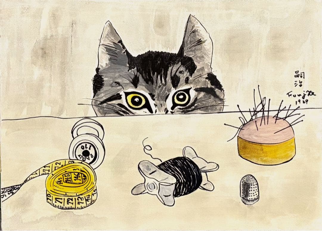 F4号】手描き油彩 藤田嗣治【仕立て屋の猫】額縁 未使用額 サイン 落款