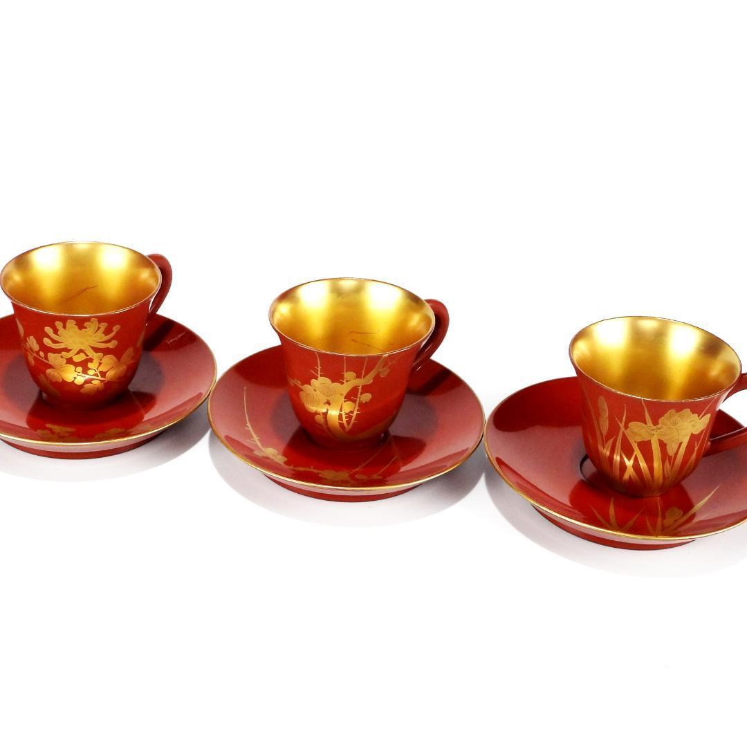 漆器 赤金 花柄 カップとソーサー 6客セット - メルカリ