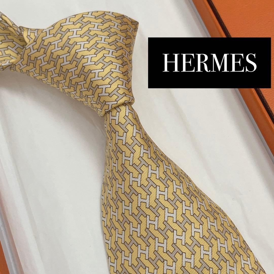 極美品 エルメス ネクタイ シルク H柄 Hロゴ ファソネH 総柄 イエロー