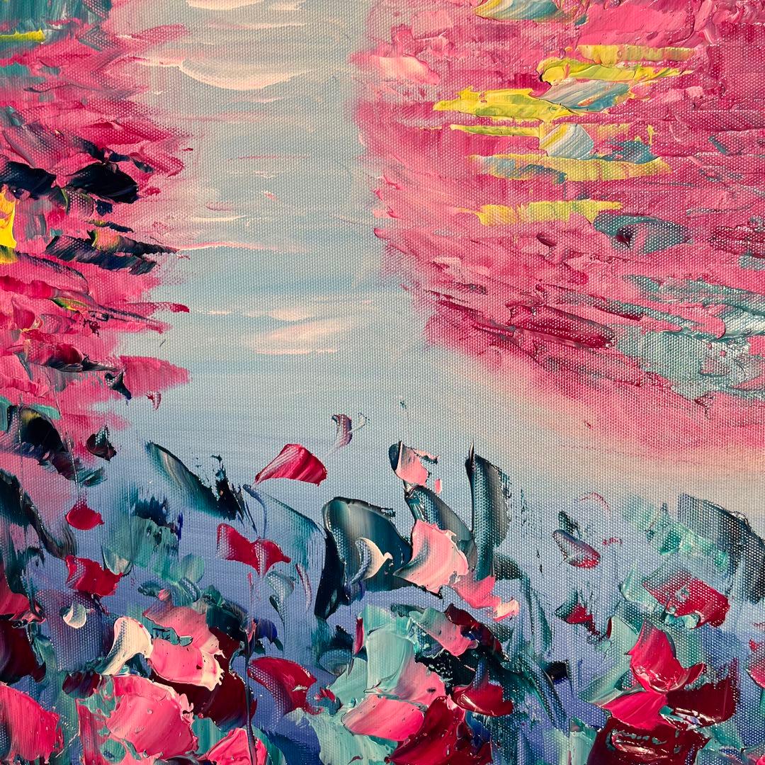 ☆秀作 秀作☆手描き油絵 朱に染まる睡蓮 額付 肉筆絵画