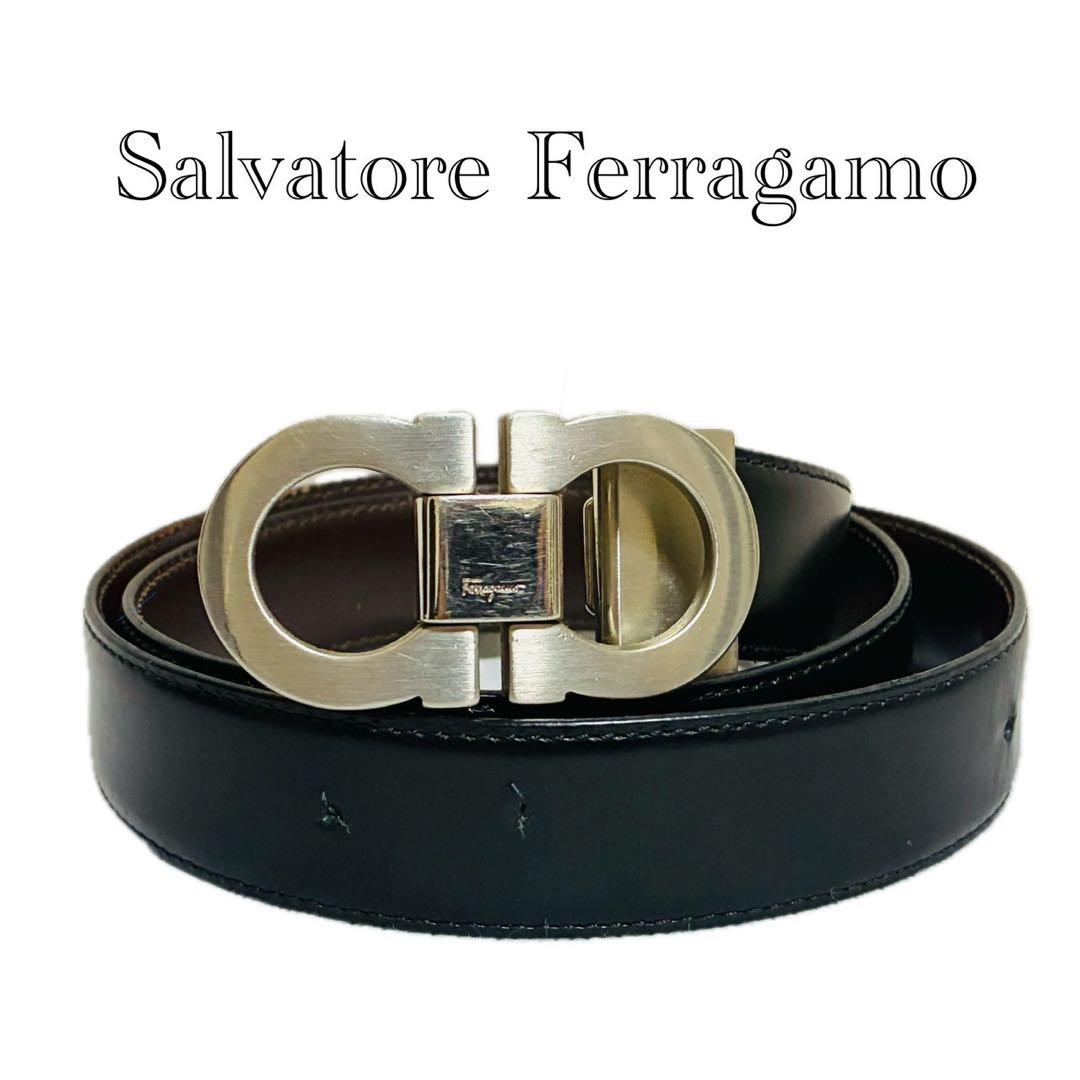 サルヴァトーレフェラガモ　レザーベルト ダブルガンチーニ　シルバー フェラガモ ダブルガンチーニ ベルト メタル×ラインストーン×レザー