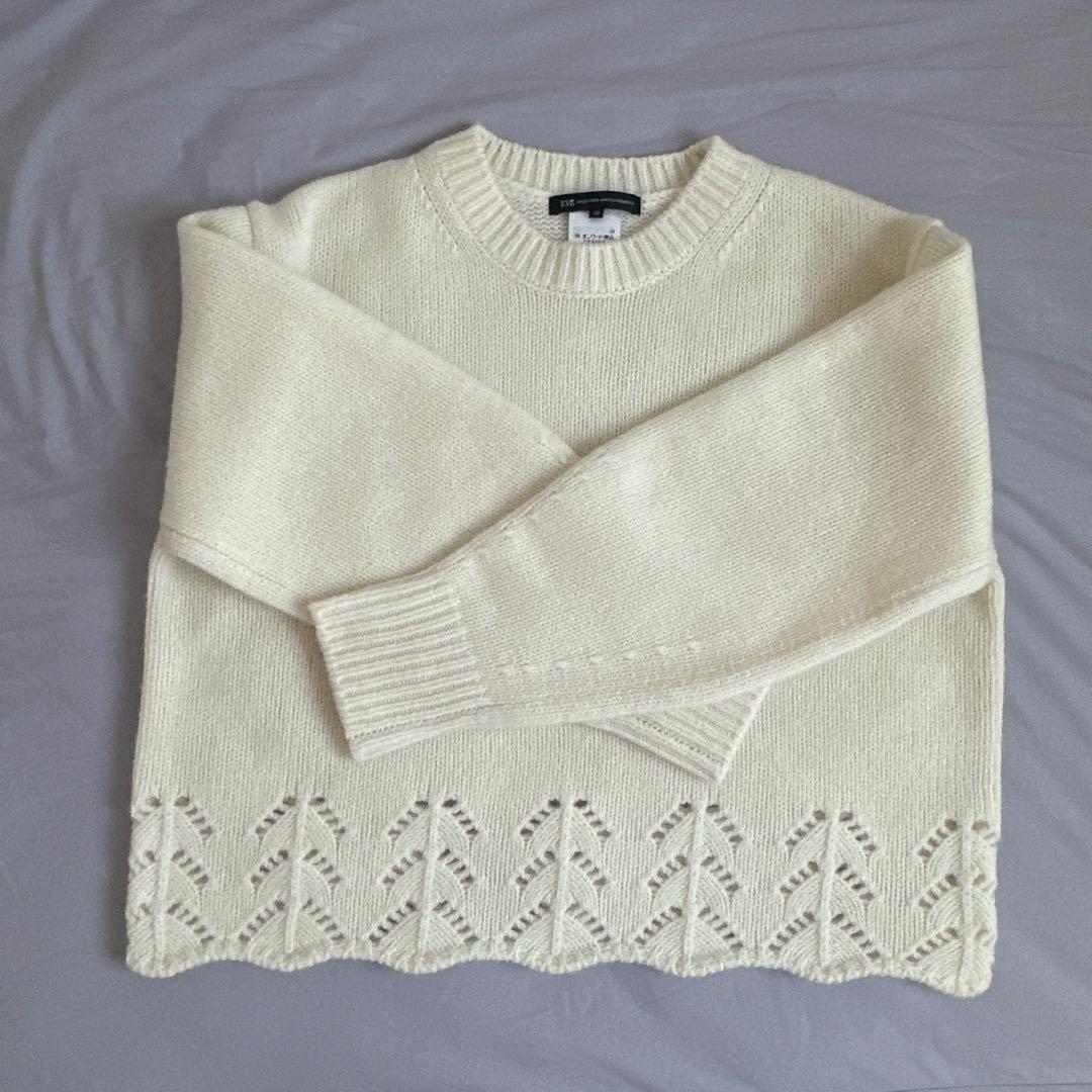 23区レーシーヘムデザイン パフスリーブ ニット　アイボリー　ほぼ未使用 23区（大きいサイズ） 【洗える】レーシーヘムデザイン パフスリーブ