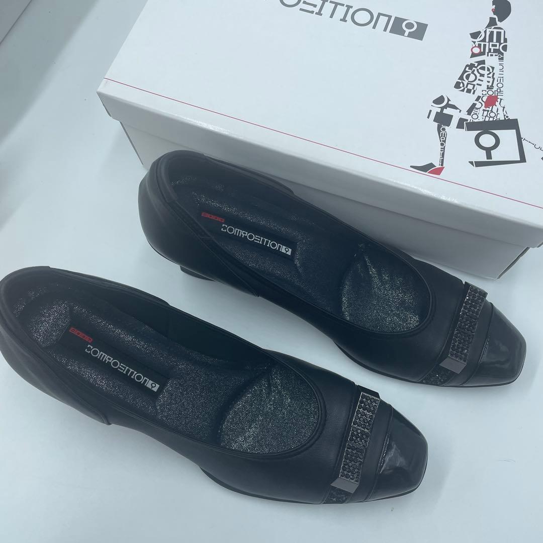 未使用』コンポジション9 パンプス リボン ブラックスエード 四角