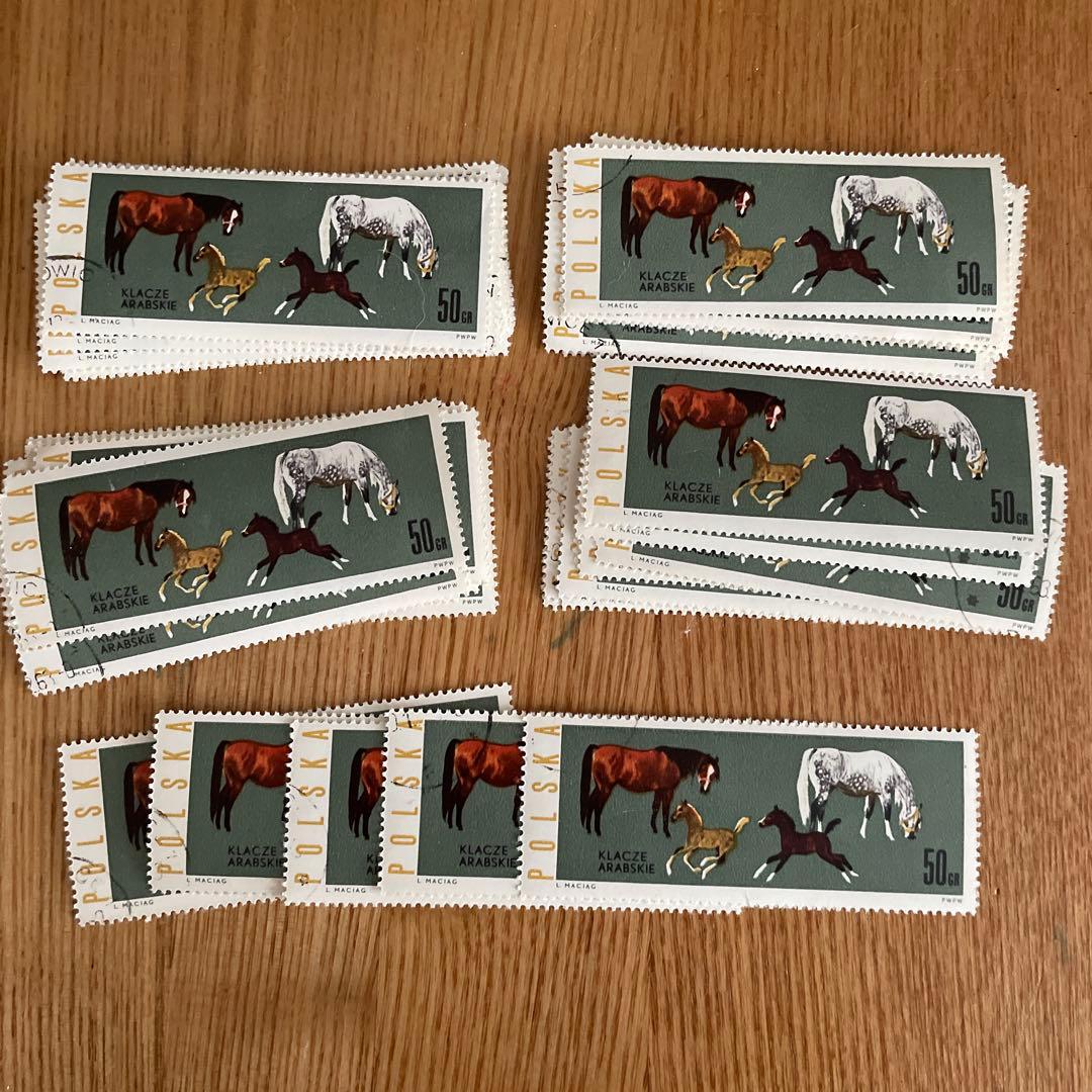 おしゃれな外国切手 ポーランド 馬 45枚 海外切手 紙もの 古切手 大型