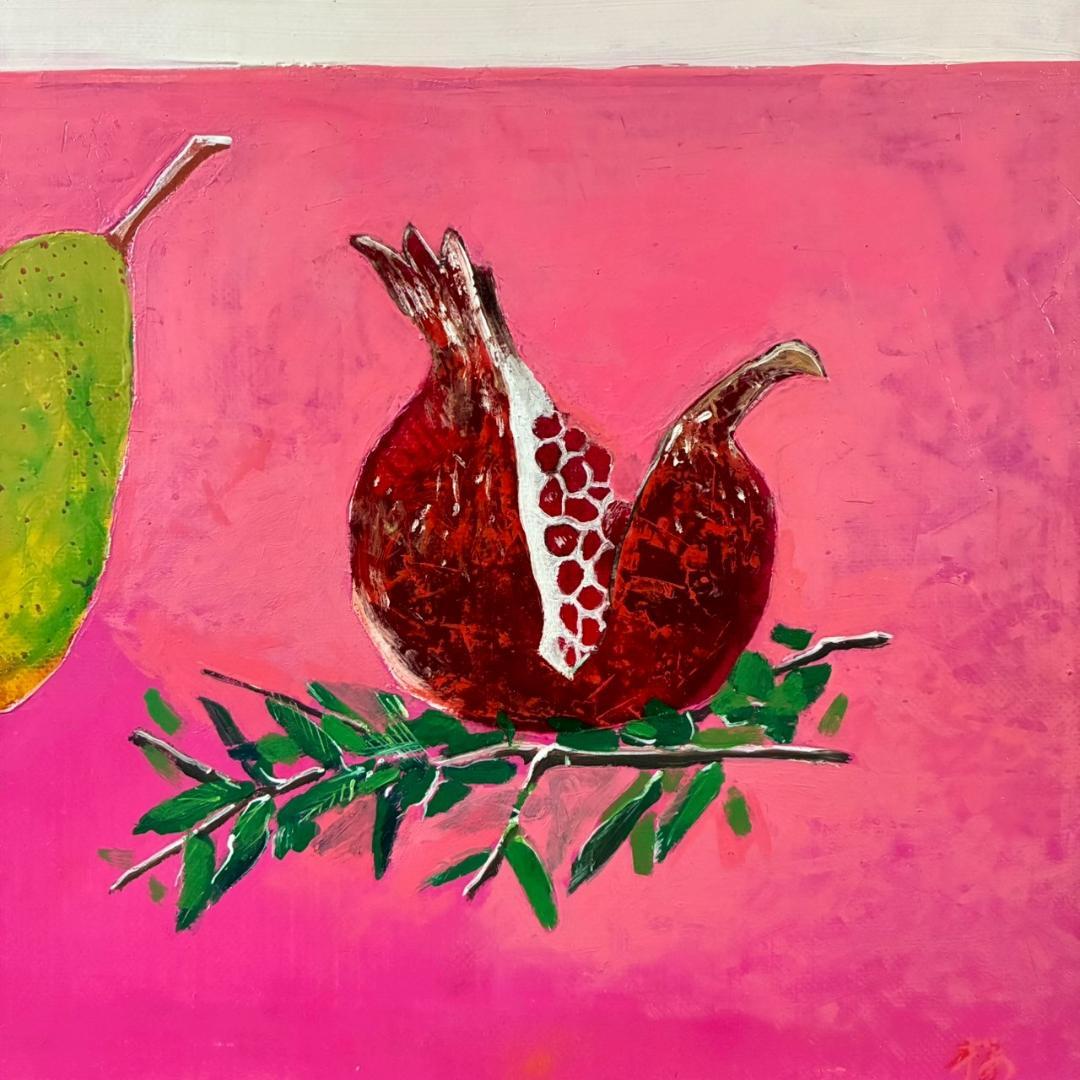 櫻井孝美「ざくろ」油彩画 油絵 直筆サイン入り 日動画廊シール有 額縁