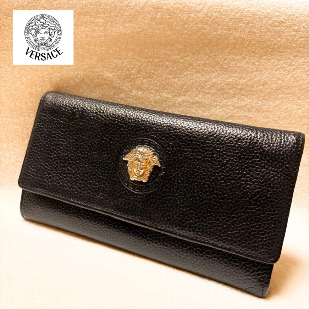 VERSACE ブラック しぼ革レザー 長財布 メタルメドゥーサ付 VERSACE ブラック しぼ革レザー 長財布 メタルメドゥーサ付 VERSACE