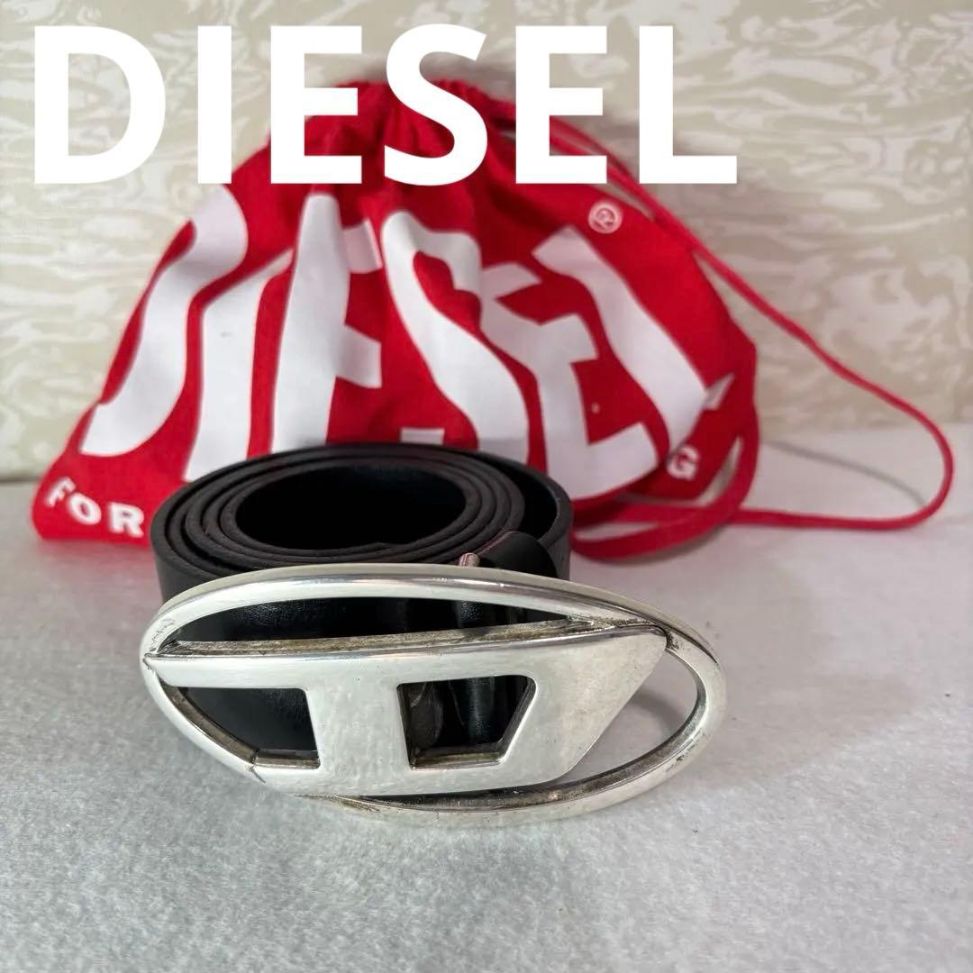 DIESEL ディーゼル　黒レザーベルト オーバルバックル DIESEL (ディーゼル) 牛革 オーバルロゴ バックル留め ベルト 75cm