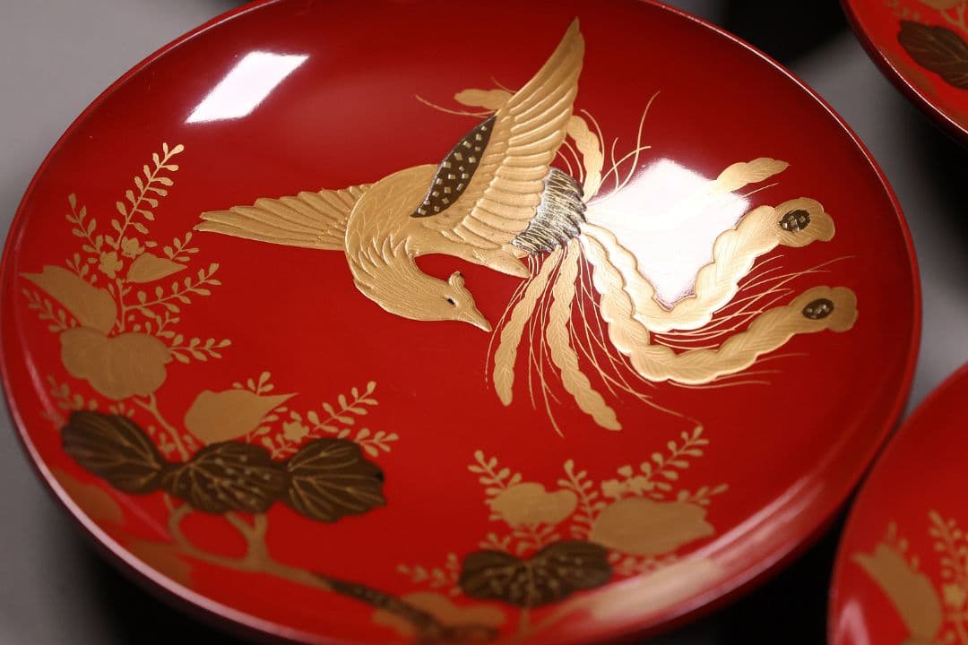 CM243】時代木製漆器 桐鳳凰・菊 金蒔絵 朱塗 引盃 五客 木製