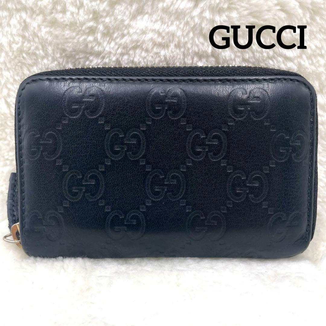 美品　GUCCI ラウンドファスナー　シマ　　ケース　レザー　ブラック GUCCI（グッチ） 美品 GUCCI GG グッチシマ ラウンドファスナー 財布