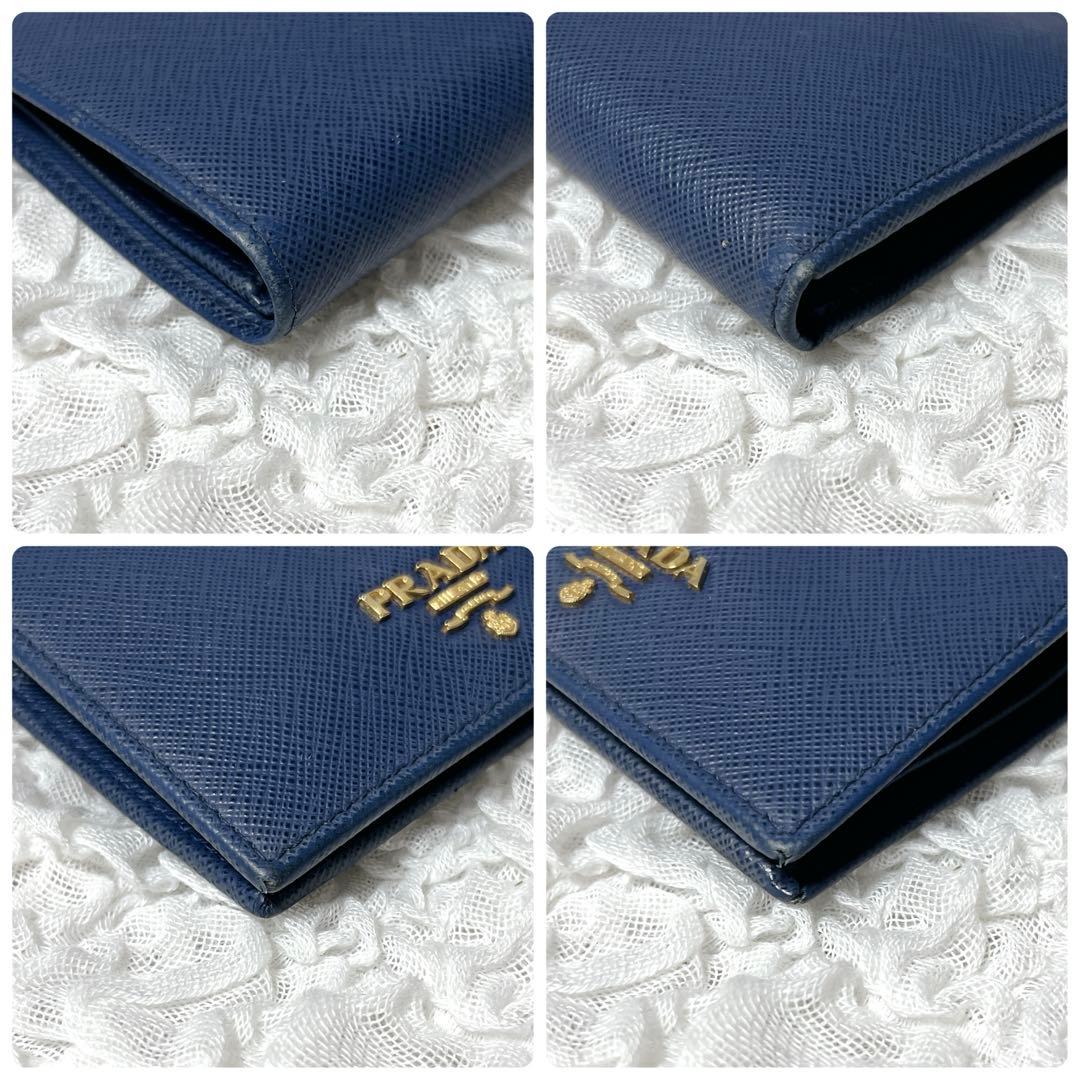 極美品✨PRADA ネイビー 二つ折り財布 サフィアーノレザー ゴールド