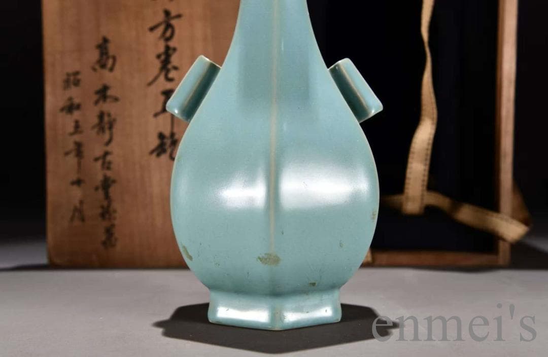 中国古美術 宋款汝窯 天青釉 六方巻耳瓶 花瓶 古