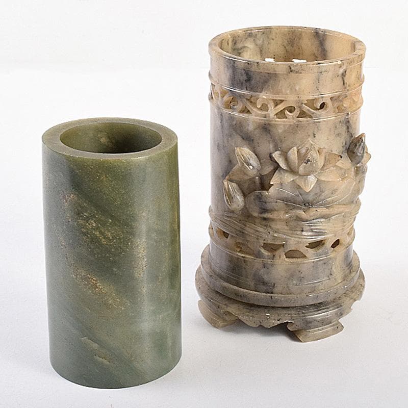 中国 玉石彫刻 蓮刻 玉器 筆筒 二点まとめて C R7634