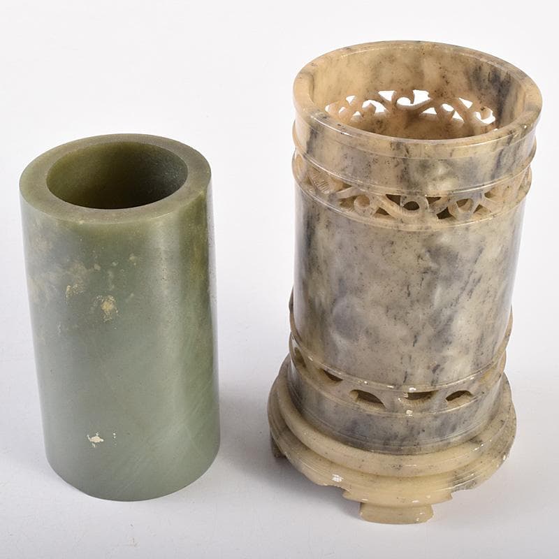 中国 玉石彫刻 蓮刻 玉器 筆筒 二点まとめて C R7634