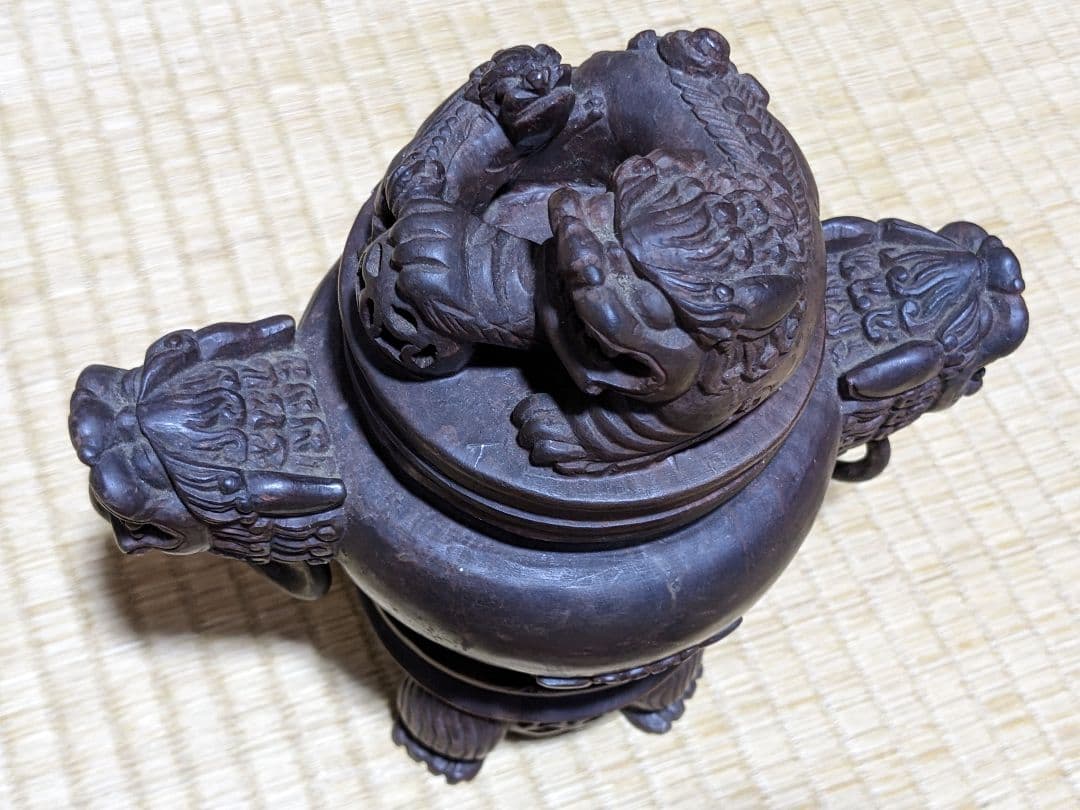 ♢中国 透かし彫り 麒麟 獅子飾り自在遊環双耳四足香炉 手彫り