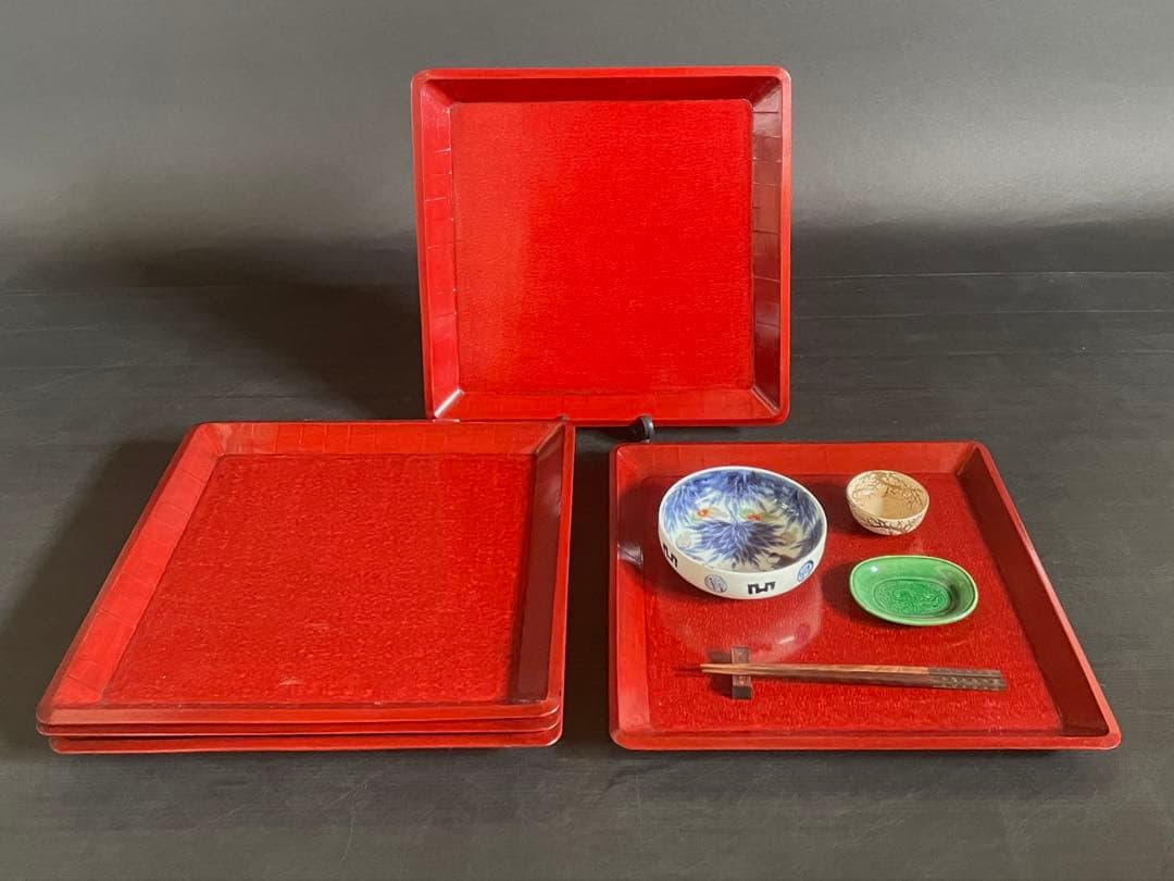 美品】「母」 讃岐彫 四方膳 5客 朱漆 讃岐膳 一枚板くり抜き （D