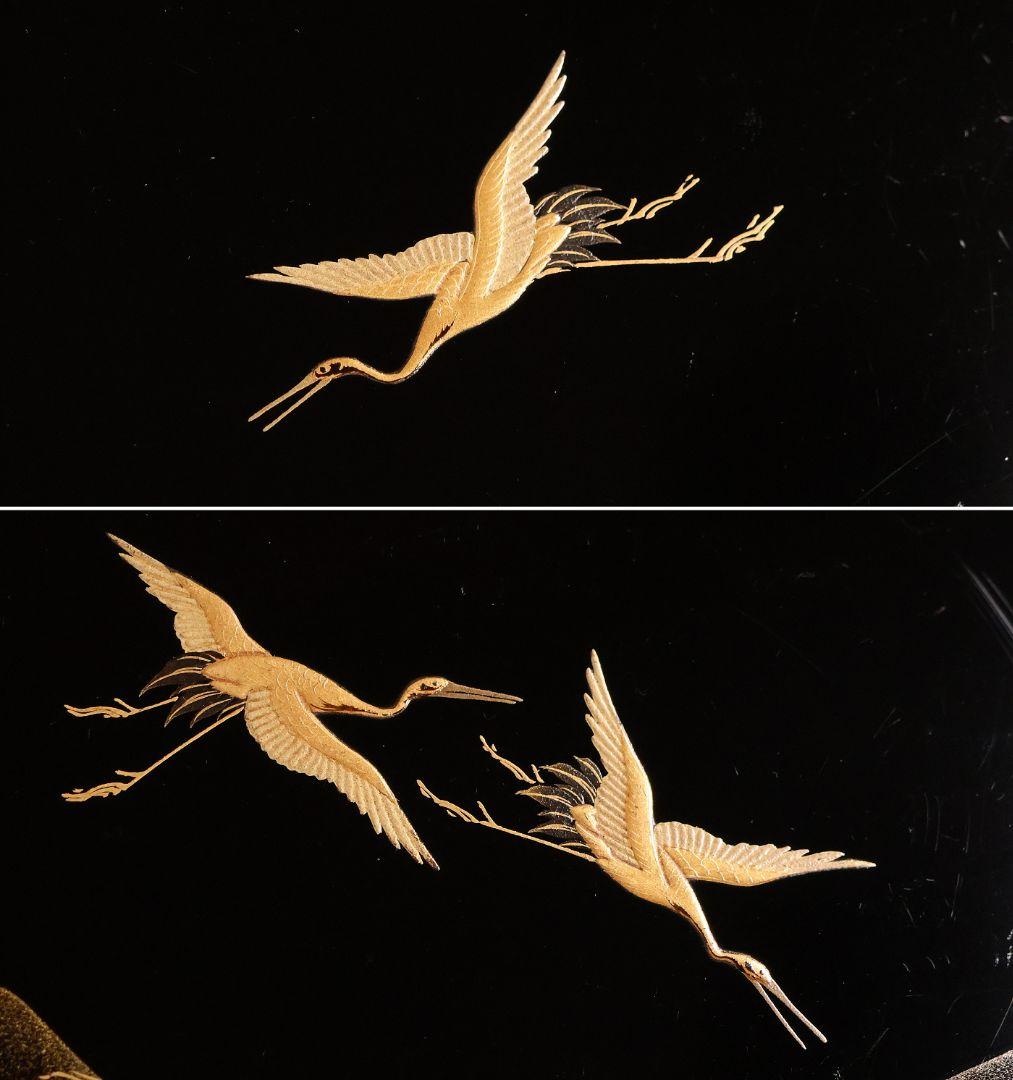 漆芸 山水松竹梅 蝋色塗硯蓋形座附膳 十客 金蒔絵 四方膳 蓬莱鶴亀