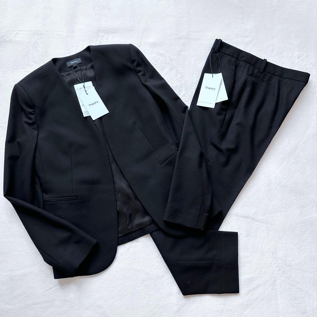 新品未使用品✨セオリー LIGHT SAXONY2 パンツスーツ ノーカラー 4 セオリー パンツスーツ ノーカラージャケット ワイドパンツ サックス