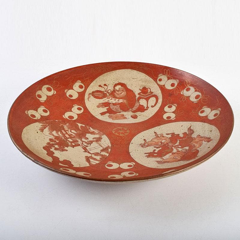 九谷焼 古九谷 赤絵 窓絵 山水人物馬文 大皿 直径約33㎝ U R9426B