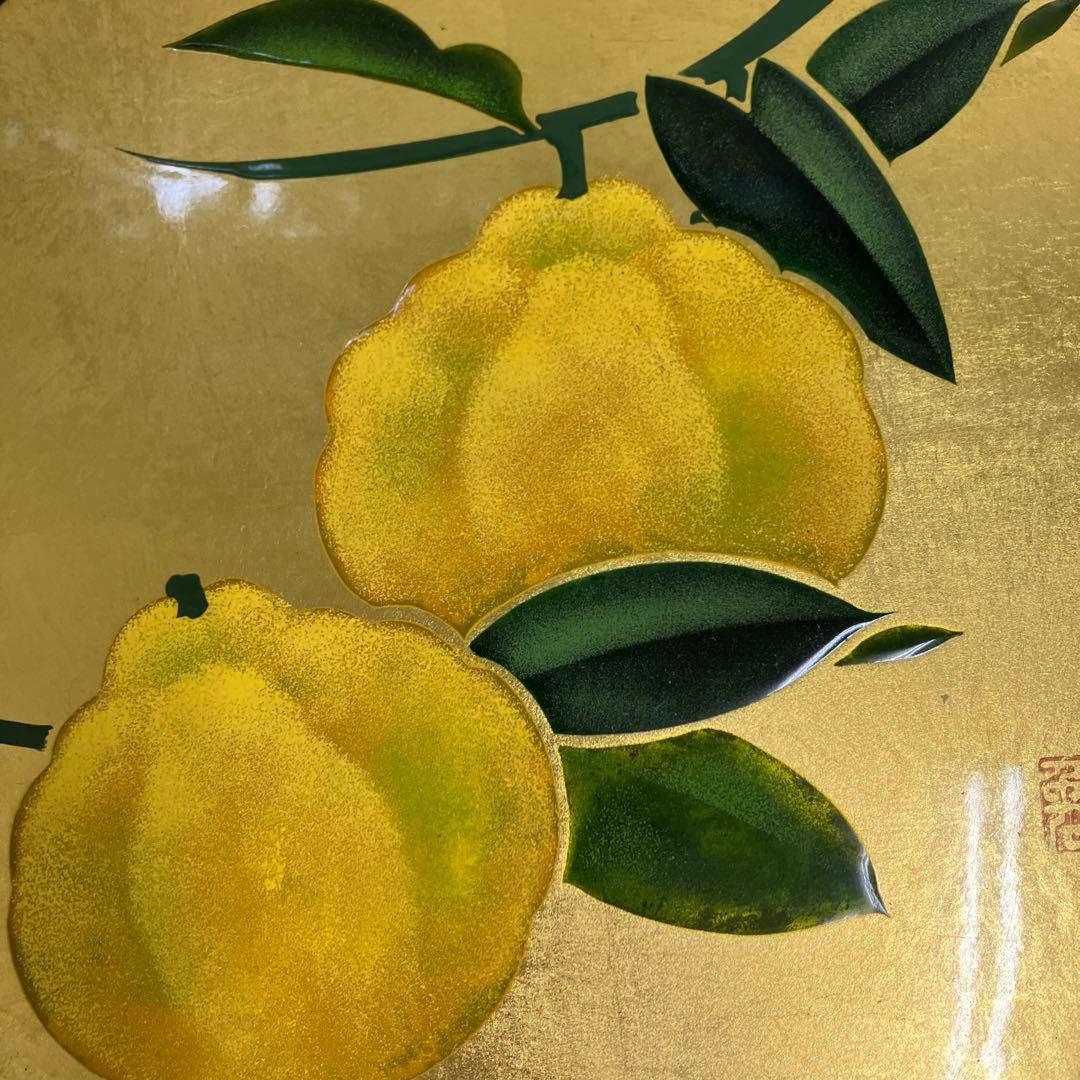 高級漆芸 金地 柚子文様 飾り額 パネル 黒塗り 漆器 漆芸 装飾 蒔絵