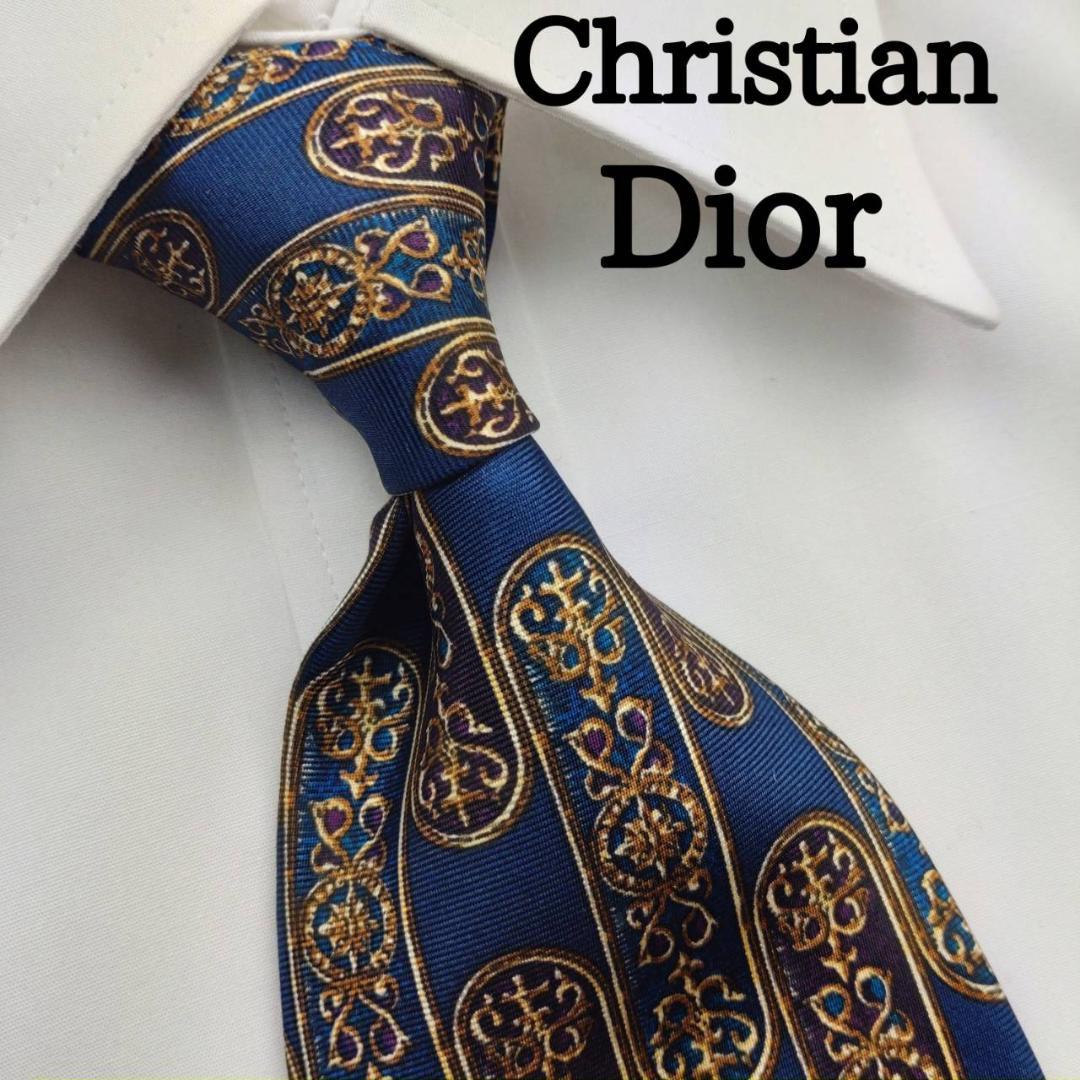 クリスチャンディオール 高級シルクネクタイ 総柄 ネイビー - メルカリ