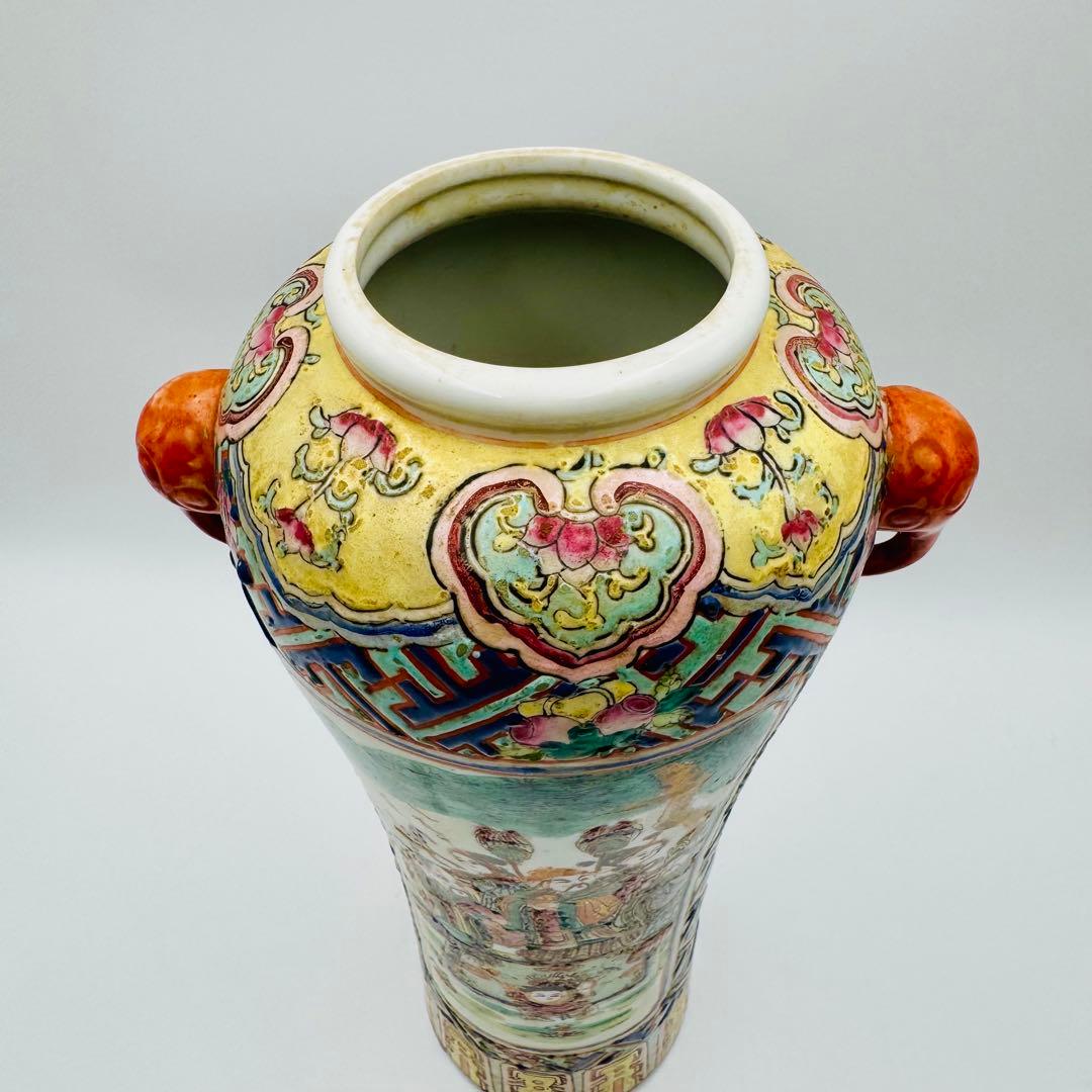 中国 大清嘉慶年製 粉彩唐美人図象耳花瓶】骨董 アンティーク