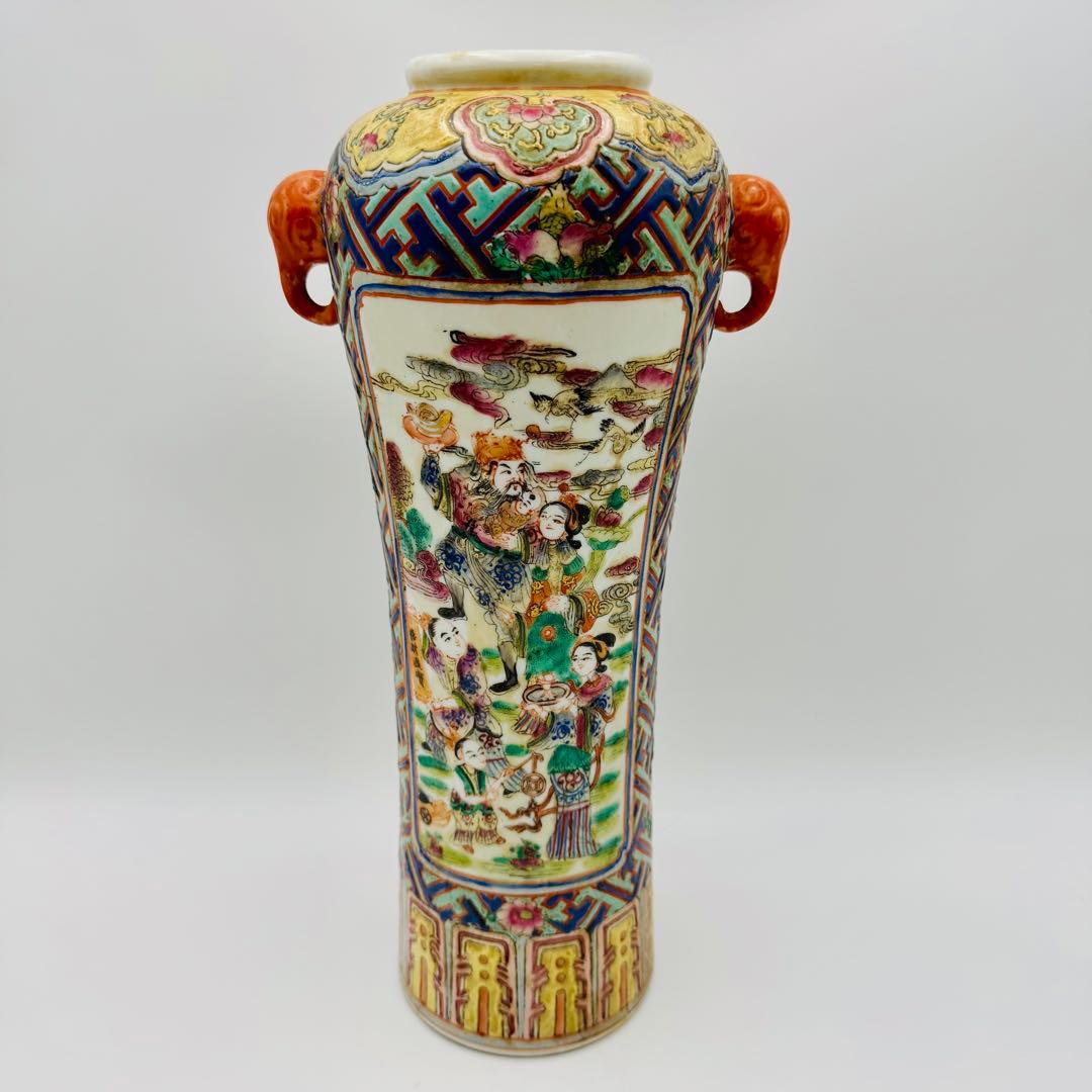 中国 大清嘉慶年製 粉彩唐美人図象耳花瓶】骨董 アンティーク 時代箱の