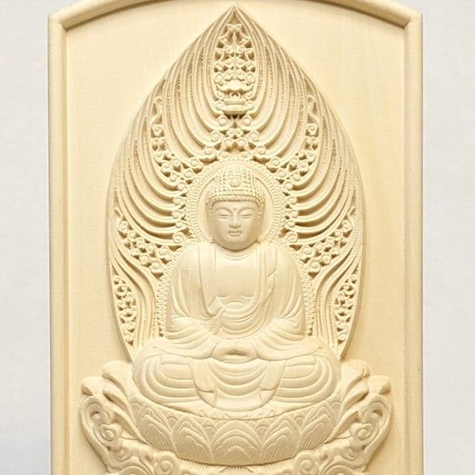 フォロー割・新品】 釈迦座像 柘植 総高さ約20.5㎝ スタンドレリーフ