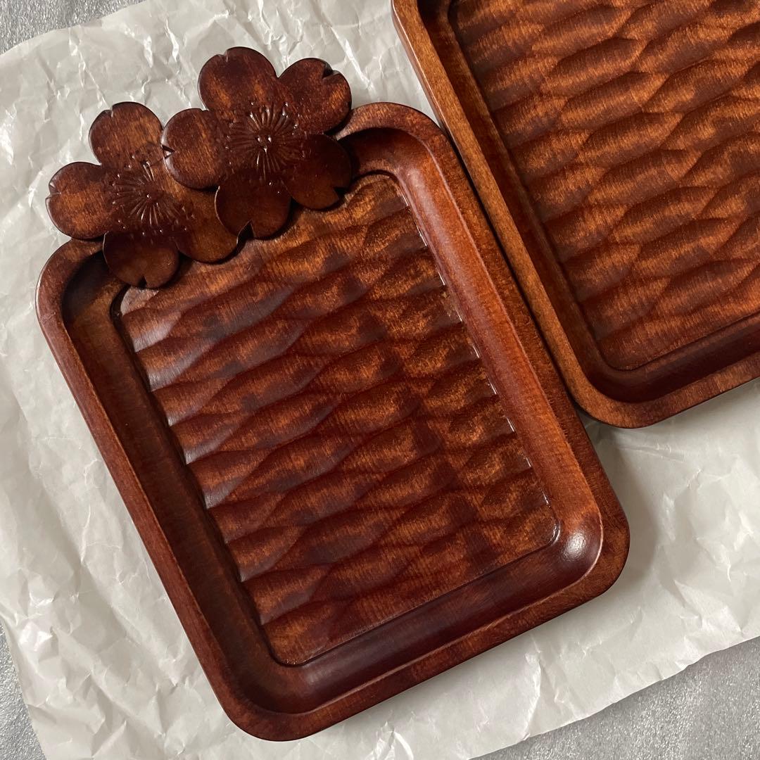 軽井沢彫 桜彫り 銘々皿 菓子皿 角皿 トレイ コースター 漆器 一枚 工芸
