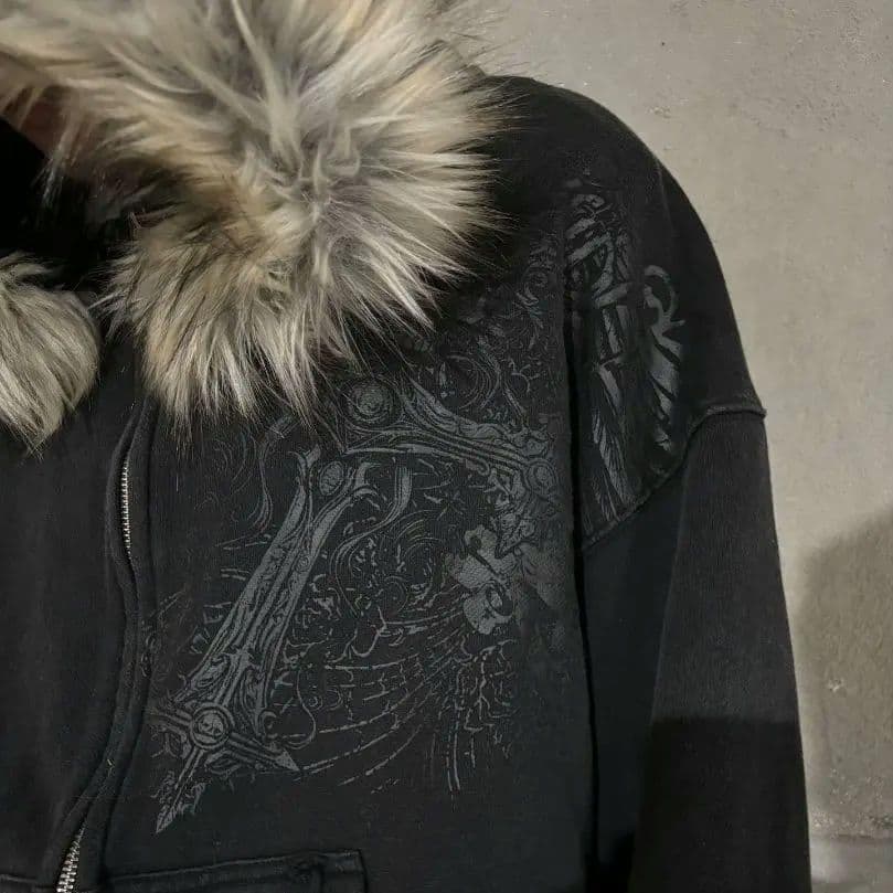 ファー付きブラックパーカー y2k ファー ジャケット グランジ ドクロ