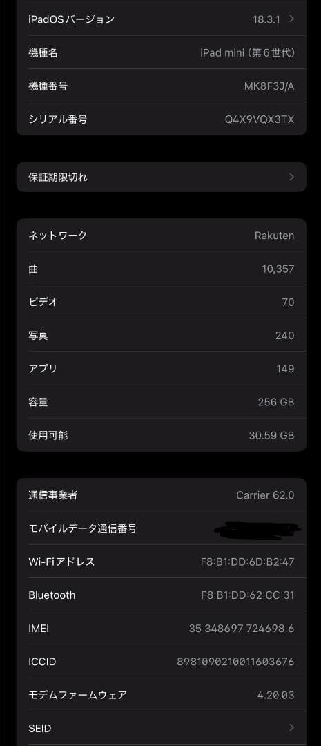 iPad mini6 WiFi+セルラー 256GB SIMフリー