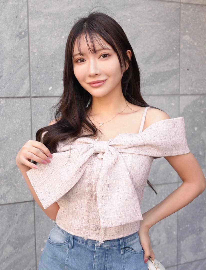 LIP SERVICE ツイードリボンオフショルトップス ピンク リップサービス LIP SERVICE ツイードリボンオフショルトップス