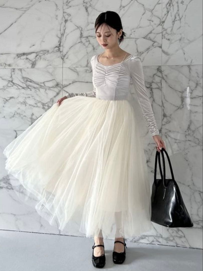 ホワイトチュールドレス 長袖 ギャザー入り Chacott snidel コラボ Chacott（チャコット） ワンピース 「Chacott」ベロア×チュール