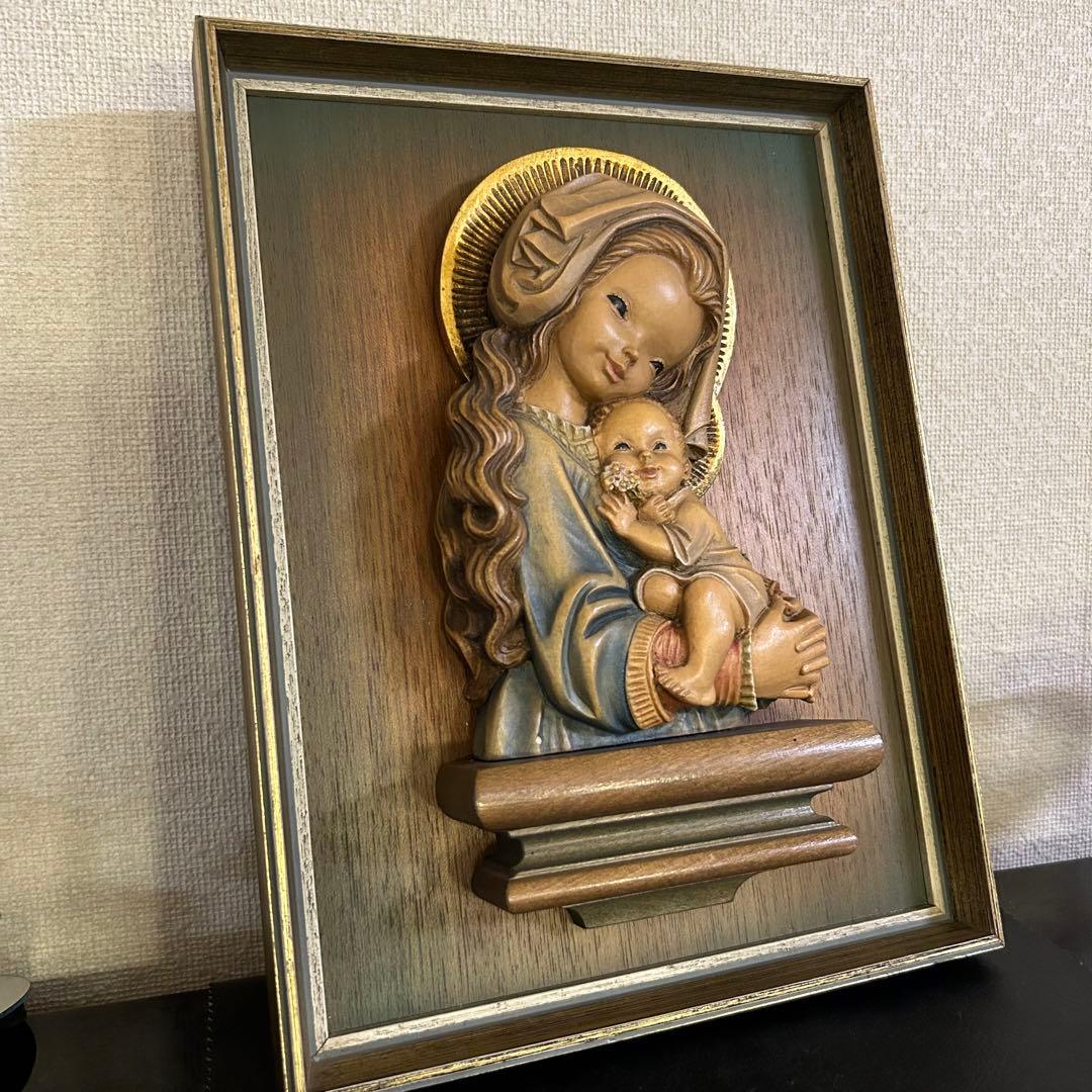 希少【ANRI 聖母子像】アンリ 壁掛け フェランディス 総木彫り 彫刻師