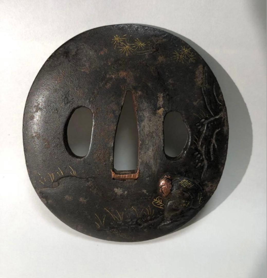 鍔 鉄地 象嵌 鐔 鉄地つば 翁図 刀装具 古美術 時代物 X26B - メルカリ