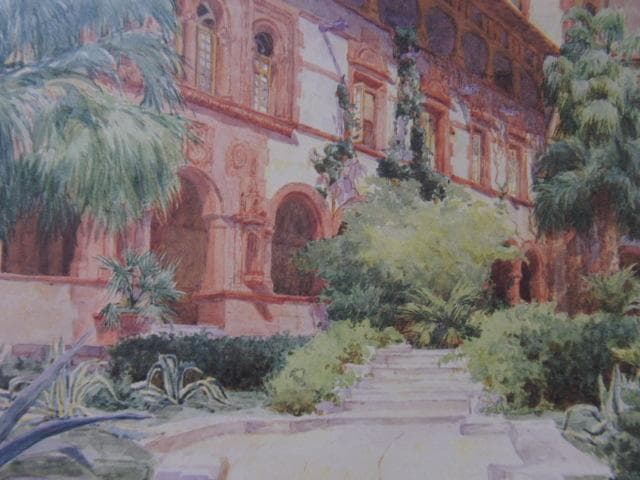 吉田ふじを、【ポンシデレオン・ホテルの中庭】、希少な額装用画集より 吉田ふじを、【ポンシデレオン・ホテルの中庭】、希少な額装用画集より