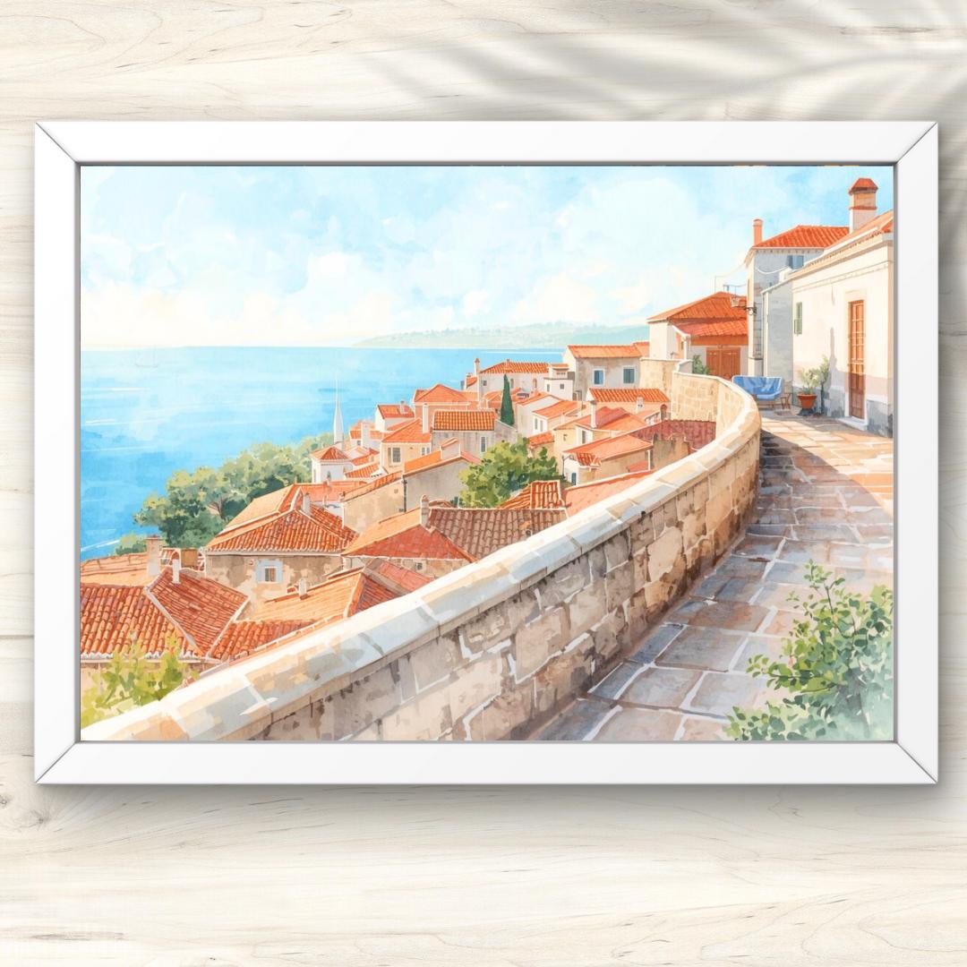 A4 オレンジ屋根の街と穏やかな青い海 地中海の街並み風景画アート
